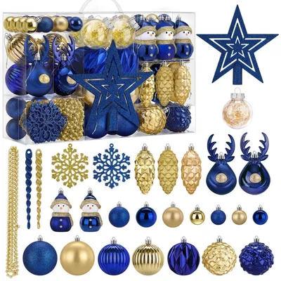 Produktbild von Weihnachtskugeln Set 132 Stück Kunststoff Blau Gold mit Baumspitze