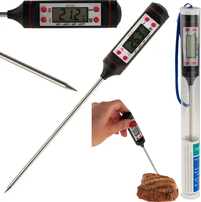 A collage of images showing a digital thermometer with a probe, demonstrating its use in measuring the temperature of food.