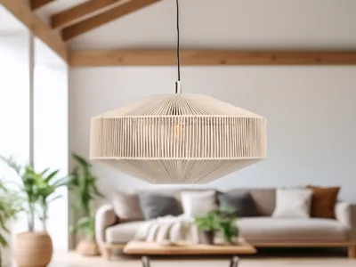 Produktbild von Boho Pendelleuchte Lampenschirm geflochten beige für Esstisch & Couchtisch Ø61cm