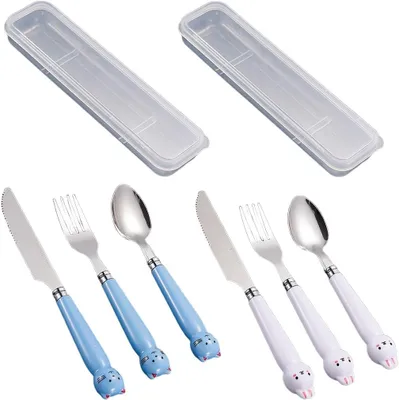 Produktbild von Kinderbesteck 2-teilig, Edelstahl, mit Aufbewahrungsbox, blau und weiß, für Camping
