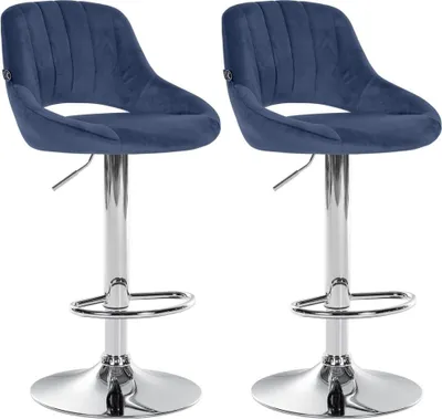Imagen del producto de Conjunto de 2 taburetes de terciopelo para bar: terciopelo, con altura ajustable y giro de 360 grados. Color: azul. Material de la base: metal con acabado cromado