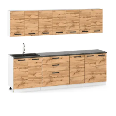 Produktbild von ULWEHOME | Küchenzeile 260 cm Eiche Wotan, Küchenmöbel-Set mit Hängeschränken, Spülenschrank, 3-Schubladen-Unterschrank & Arbeitsplatten 80/60/40 cm