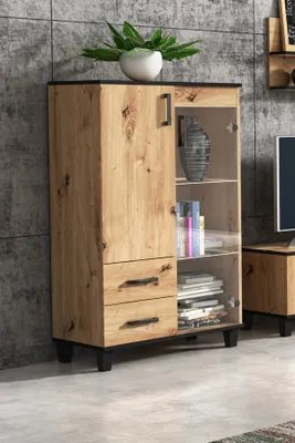 Produktbild von Vitrine Vanessa III Glas Bar Schrank Regal Holz Möbel Wohnzimmer Glastür mit Holzbeine Standvitrine Wohnzimmerschrank ohne LED-Beleuchtung (Eiche Artisan und schwarz)