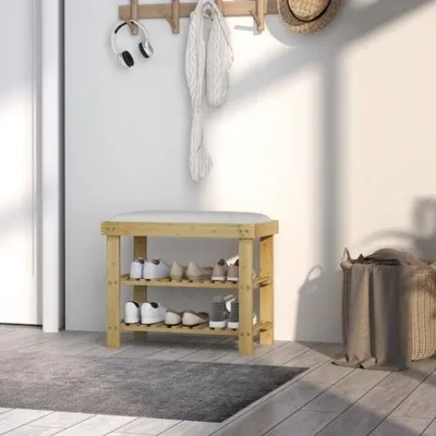 Produktbild von 60x29x49 cm Bambus Schuhbank Sitzbank mit Stauraum Cremeweiss 2 offene Faecher Garderobenbank Wohnzimmer Flur