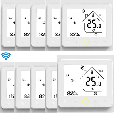 Multiple white smart thermostats are displayed in a collage, with some showing a digital display of temperature and time.
