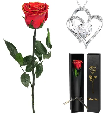 Ewige Rose mit Halskette, konserviert, 30–32 cm, gold-rot, inkl. Herz-Anhänger
