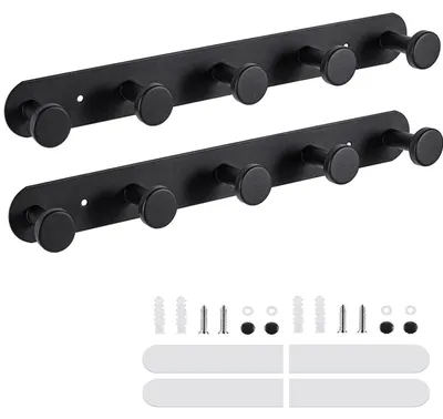 Produktbild von Garderobenhaken Schwarz 2 Stück mit 5 Haken, Edelstahl, Wandmontage oder Kleben