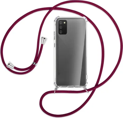 Produktbild von Handykette Backcover-Schutzhülle mit Band (Metall silberfarben) für Samsung Galaxy A02s - dunkelrot