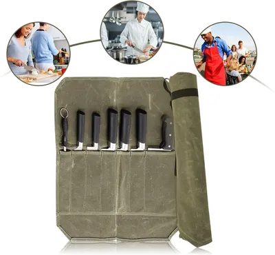 Produktbild von Messertasche - Rolltasche für Kochmesser - mit 7 Fächern - gewachstes Segeltuch - wasserdicht - 56x45cm - für Camping, Wandern und Freizeit - Grün