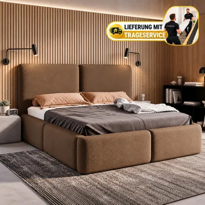 Produktbild von Polsterbett 180x200 mit Bettkasten LIVIA, Stauraum und Metall-Lattenrost – Bouclé Stoff Braun