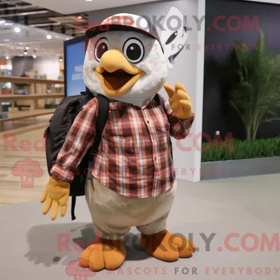 Produktbild von Tan REDBROKOLY Pinguin Maskottchen Kostüm Charakter gekleidet in einem Flanellhemd und Messenger Bags