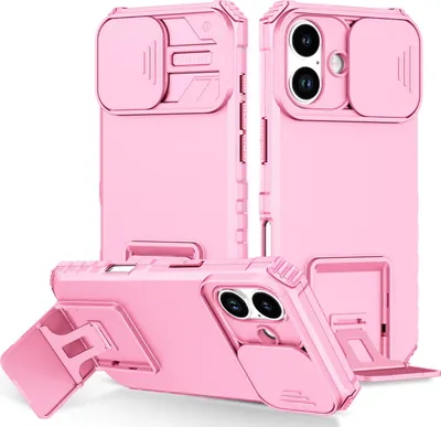 Produktbild von Dual Layer Hülle für iPhone 17 Stossfest Robust Ständer Schutzhülle mit Schiebe Kamera Schutz Pink