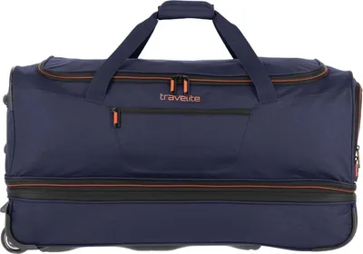 A navy blue Travelite trolley travel bag with orange accents.