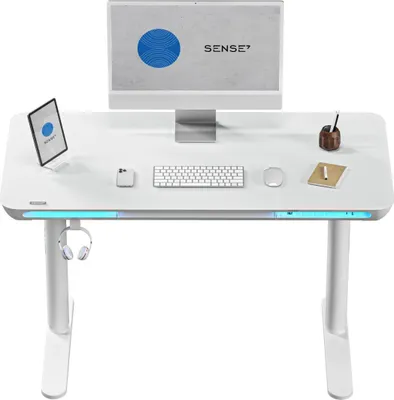Produktbild von SENSE7 NOMO Höhenverstellbarer Schreibtisch Elektrisch 120x60 cm Weiß Glas Computertisch Gaming Tisch Stehpult Memory LED Schublade USB Ergonomisch