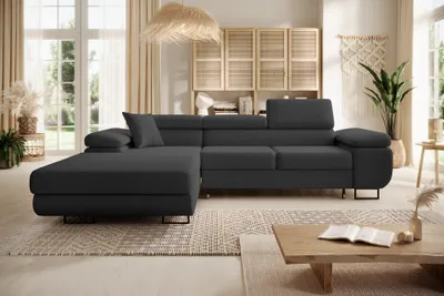 Produktbild von Easy4You Ecksofa NORBERG Boucle L-Form Schwarz – 279x72x205 cm - Schlafsofa mit Bettkasten und Schlaffunktion - Eckcouch mit Stauraum – Links – Stoff Lambi 13