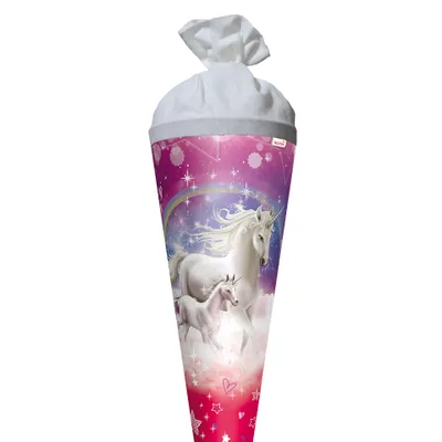Produktbild von ROTH Schultüte Einhorn im Sternenhimmel 70 cm groß Glitter rund Rot(h)-Spitze Filzverschluss Zuckertüte