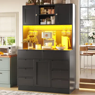 Image de Armoire haute Flieks avec éclairage LED intelligent, meuble de cuisine à 8 tiroirs, fermeture magnétique, buffet de cuisine 120 x 40 x 183,5 cm, noir