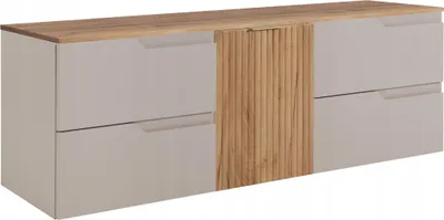 Zdjęcie produktu dla RODAN | Szafka pod umywalkę - Beżowa i Brązowa - 160 cm - Z Blatem - 4 Szuflady - Wisząca - Fronty MDF - Szafka z 1 Drzwiami - MODERN