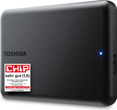 A black external hard drive with a blue indicator light and a sticker on the front.