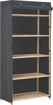 A tall, narrow wardrobe with a fabric cover and wooden shelves.