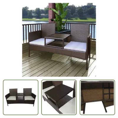 Image de The Living Store Canapé de jardin 2 places avec table de thé Poly rotin brun
