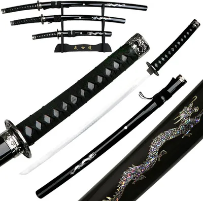 Image de Ensemble de 3 sabres japonais décoratifs – Katana Wakizashi Tanto avec support et fourreaux – Réplique samouraï, objet de collection, décoration murale et de table, idée cadeau JS-697