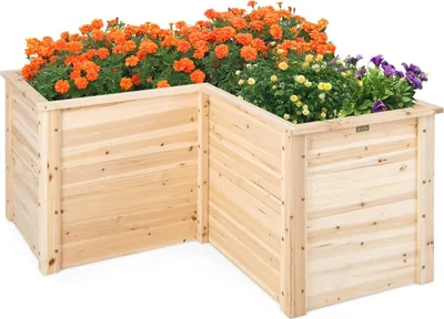 Produktbild von Hochbeet Holz, Blumenbeet ohne Bodenplatte, Pflanzkasten mit mit Stützstangen, Anzuchtbeet L-foermig, Pflanzenbeet für Gemüse & Obst & Kraeuter, 120 × 120 × 63 cm, Natur