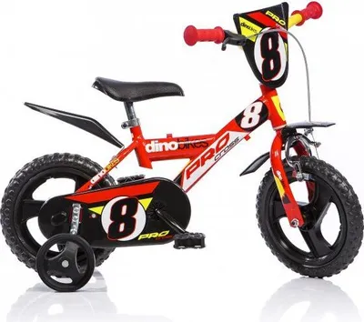 A red and black children's bicycle with training wheels, displayed on a white background.