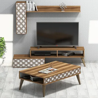 Immagine prodotto di Skye Decor, Planet - Noce, Bianco, Set di mobili per soggiorno, Noce, 100% PANNELLI DI PARTICELLE RIVESTITI IN MELAMMINA, 150 x 38 x 37 cm
