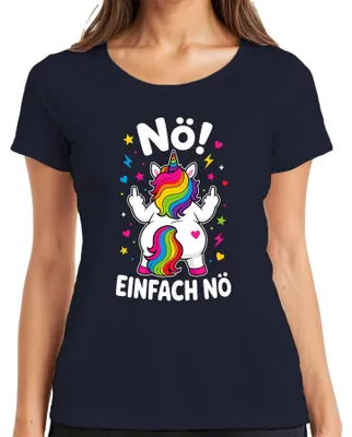 Immagine prodotto di Maglietta da donna con scritta "No", "Semplice", "Unicorno", "Arcobaleno", "Birichina", "Divertente", ideale come regalo. Colore: blu navy. Taglia: M