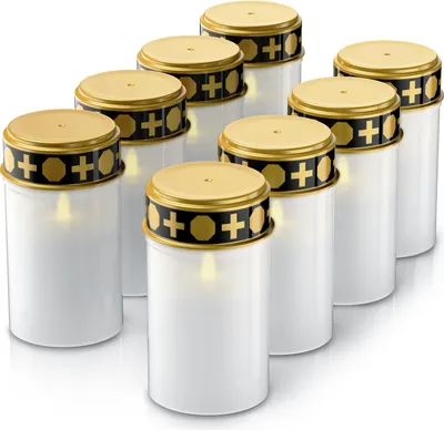 Zdjęcie produktu dla BEARWARE 8x znicz na grób LED, zasilany bateryjnie, zestaw 8 sztuk, znicz cmentarny, wodoodporny, IP44, odporny na warunki atmosferyczne, realistyczny efekt migotania, lampion nagrobny