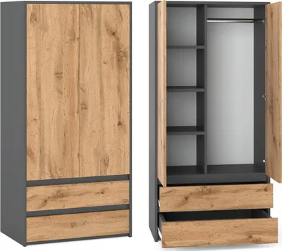 Produktbild von STIV Möbel | Kleiderschrank & Kommode Grau Matt/Eiche Wotan | 2 Türen + 8 Schubladen | Schlafzimmer Set Modern