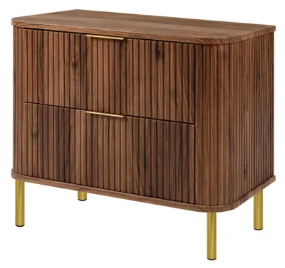 Produktbild von Stehender Badezimmerschrank mit Schubladen und Metallfüßen, Farbe Eiche-Nussbaum, Griff gold, Füße gold, 80 x 41,5 x 66,7 cm