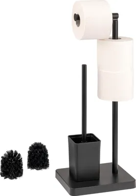 Image de eluno Garniture de WC sur pied 3en1, brosse de WC, porte-rouleau (de rechange), noir