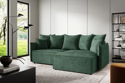 Produktbild von Ecksofas L-Form ANTONIO ABRIAMO POSSO 221x148x70 cm mit Schlaffunktion & Bettkästen, Eckarniutur / Couch in Cord-Bezug - Hellgrün