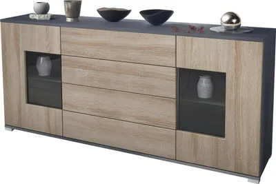 Produktbild von Vladon Sideboard Grömitz V2, Kommode mit 2 großen Türen und 4 Schubladen, Anthrazit matt/Eiche sägerau (166,5 x 75,5 x 35)