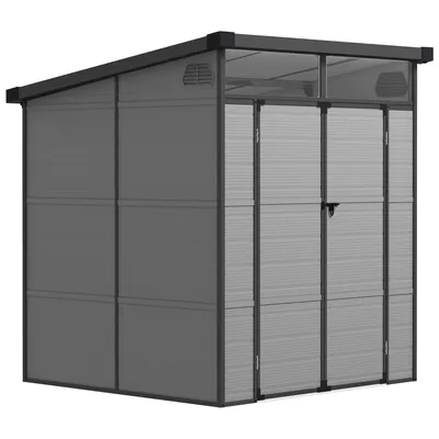A gray plastic shed with a sloped roof and double doors, shown from a three-quarter front angle against a white background.