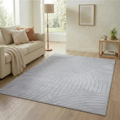 Produktbild von Teppich Kurzflor Wohnzimmer - 120x170 cm in Grau - Geometrisches Wellen-Muster in 3D-Optik