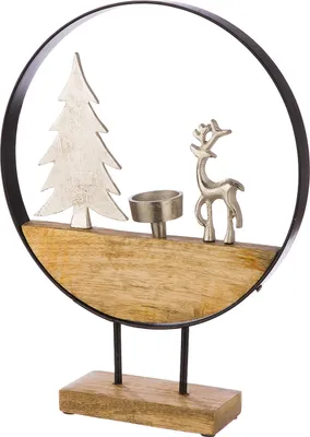 Zdjęcie produktu dla Gilde Teelichtleuchter, rund, "Wald", Hirschmotiv, Aluminium, Holz, naturfarben, schwarz, , L. 8 cm, B. 29 cm, H. 38 cm 55638