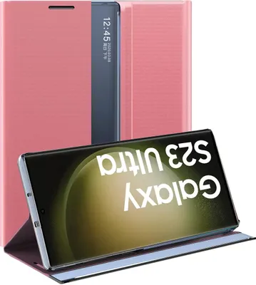 Produktbild von Samsung Galaxy S23 Ultra Hülle, Slim Flip Leder Smart View Window Klappetui Schutzhülle mit Standfunktion für Galaxy S23 Ultra Rosa