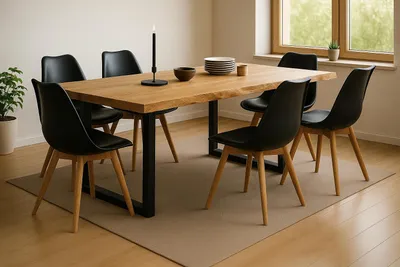 Produktbild von Tischgruppe 7tlg. 160 x 85 cm Baumkante Eiche massiv 6x Schalenstühle Schwarz U-Gestell Schwarz SERRA