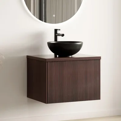 Produktbild von LOMAZOO Badezimmermöbel Walnuss gerippt 60 cm - Schwarzes Aufsatzwaschbecken - Unterschrank - Waschtischmöbel - Schwebender Waschtischunterschrank [MESSINA]