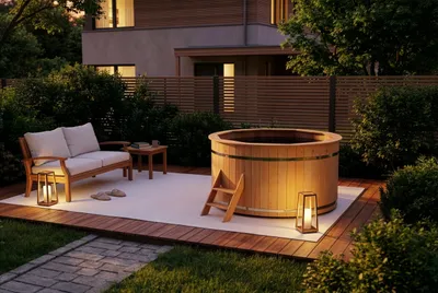 Produktbild von FinnTherm Holz Badefass Bergen, Hot Tub Ø 200 x 110 cm für 6-8 Personen, inkl. Einstiegsleiter & Sitzbänken