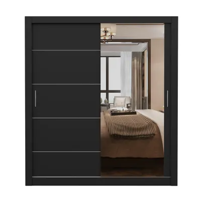 Produktbild von Schwebetürenschrank LION, Schlafzimmer, Kleiderschrank Schrank 180 cm Schwarz/Schwarz mit Spiegel, alufarbene PVC-Griffe