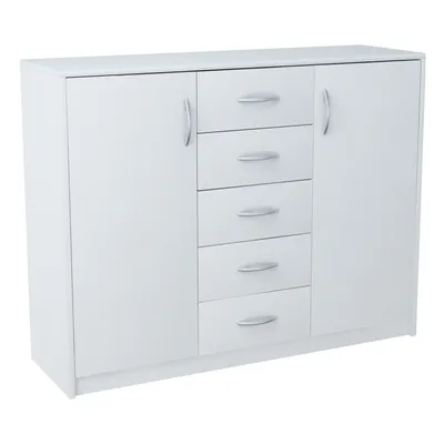 Produktbild von Kommode mit 5 Schubladen und 2 Türen in matter Ausführung, Kommode 110cm breit Holz Schrank Sideboard Highboard Kommode mit Schubladen Weiß