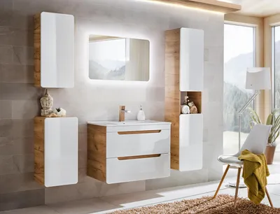Obrázek produktu pro Designový koupelnový nábytek Koupelnová sestava Skříňka s umyvadlem Osvětlení 5dílná sada
