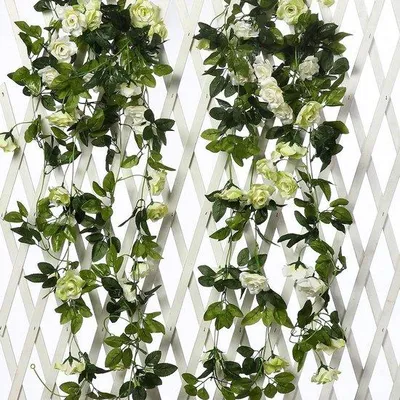 Image de Guirlande de roses artificielles - 2 pièces - 240 cm - Décoration de fête pour l'extérieur et l'intérieur - Fleurs artificielles - Blanc