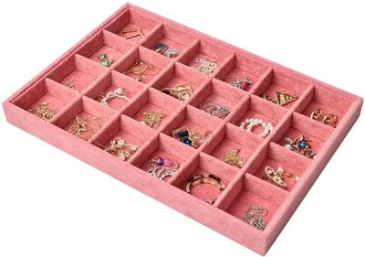 Image de Organisateur de bijoux Unyqoos® en velours avec 24 compartiments (6 x 5 cm) – 35 x 24 x 3 cm, plateau à bijoux empilable avec séparateurs réglables pour bagues et boucles d'oreilles