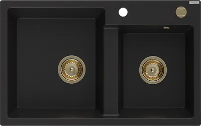 Produktbild von Mexen Tomas 2-Becken-Granit-Spülbecken 800 x 500 mm, Schwarz, Siphon Gold - 6516802000-77-G