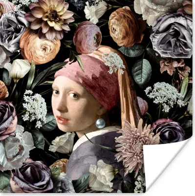 Produktbild von MuchoWow® Poster Mädchen mit Perlenohrring - Blumen - Vermeer - Pastell - Kunstwerk - Gemälde - Alte Meister 100x100 cm - Babyzimmer